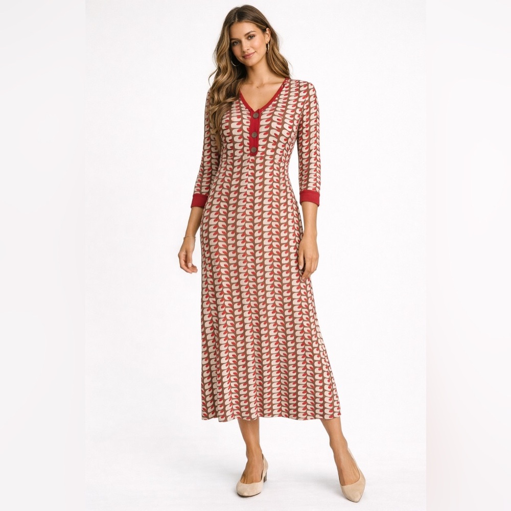 Boden Printed Midi Dress Red Brown Cream V-Neck Button Detail Size 12R